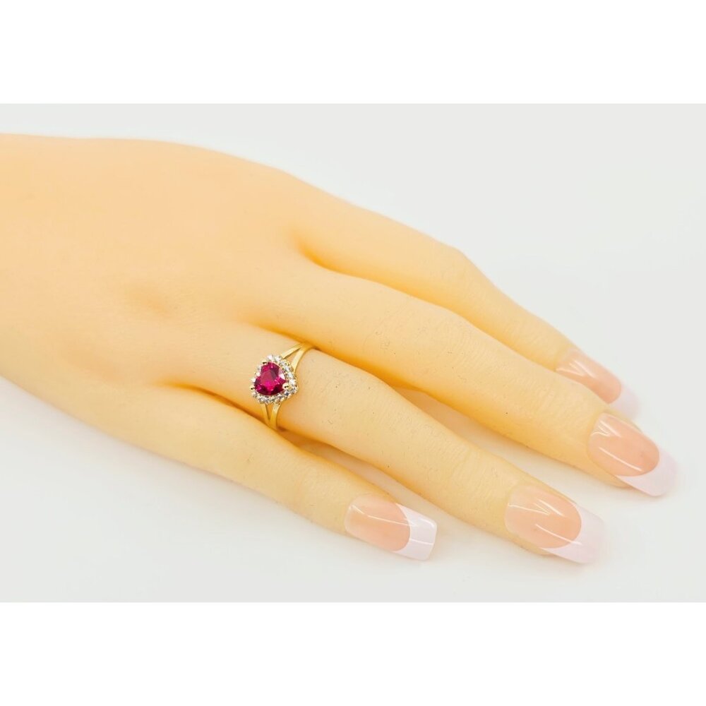 14K Solid Yellow Gold Designer Heart Shaped Synthetic Ruby & CZ Ring - Size 6.50 - Picture 10 of 14
